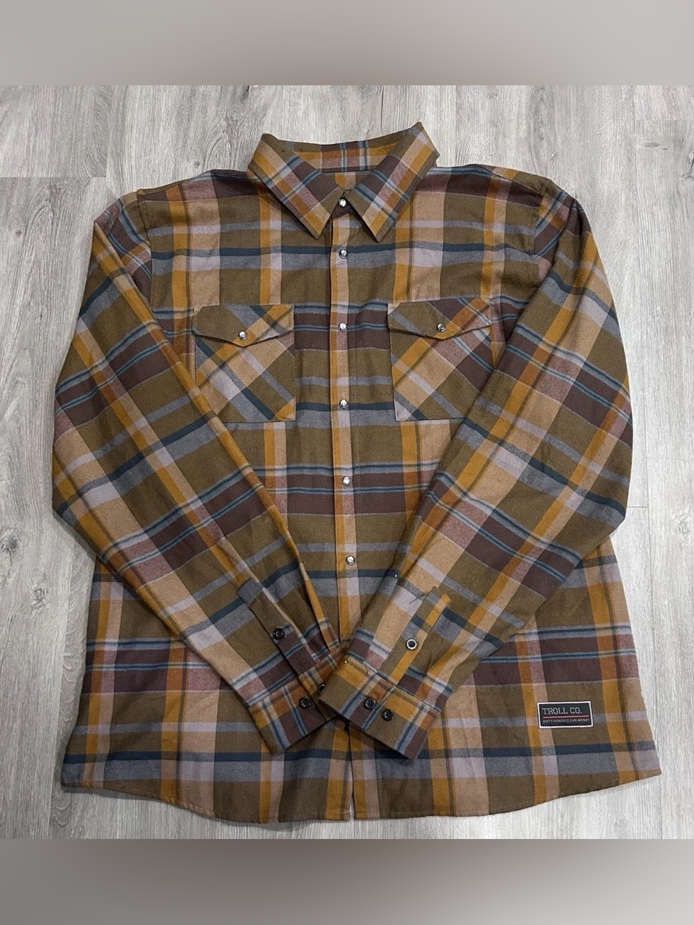 Troll Co. Chester Flannel Shirt 3XL NWT Men’s Heavyweight Plaid Brown Gold Work